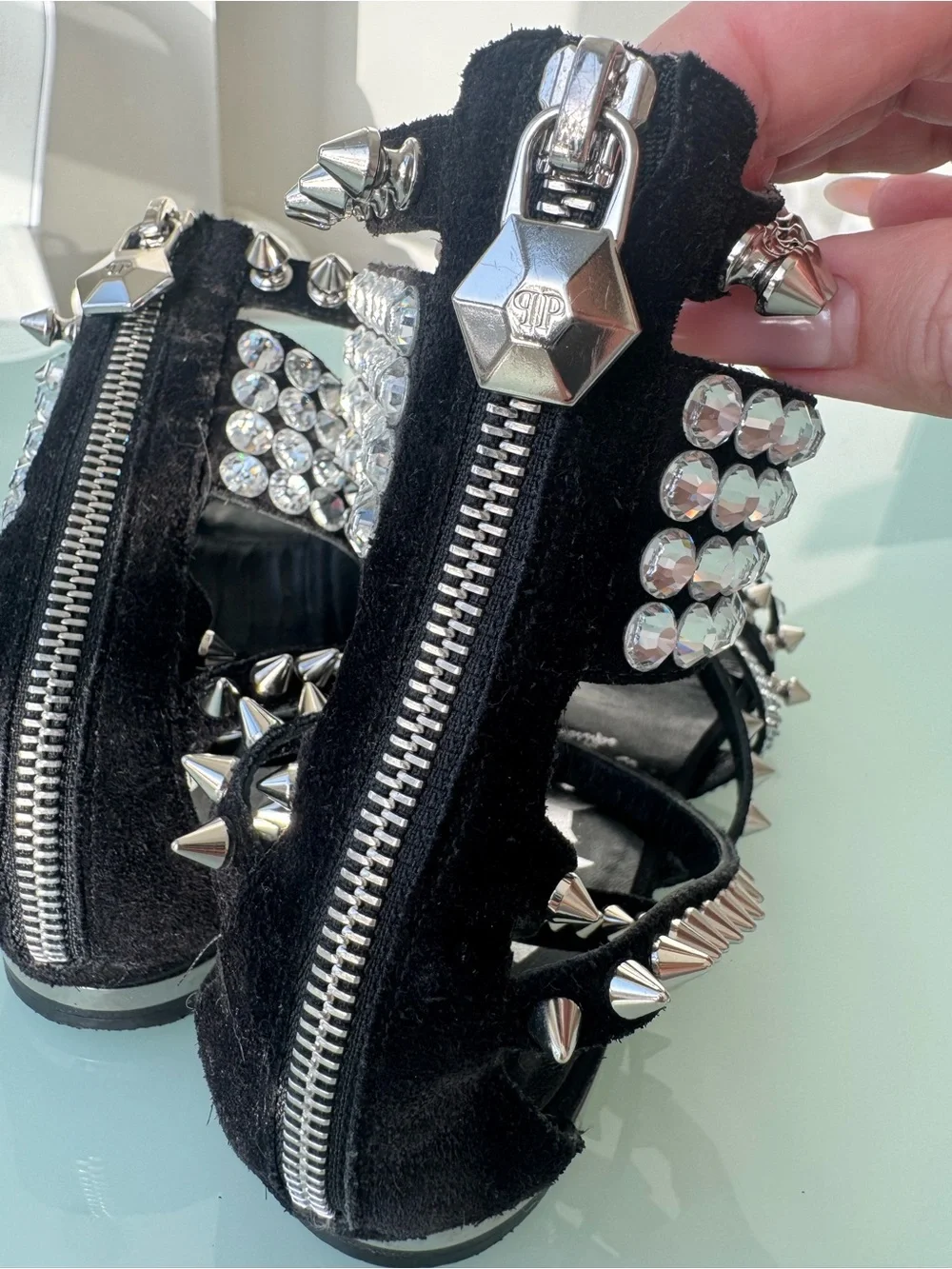 Philipp Plein Black Crystal & Studded Ankle-Strap Sandals